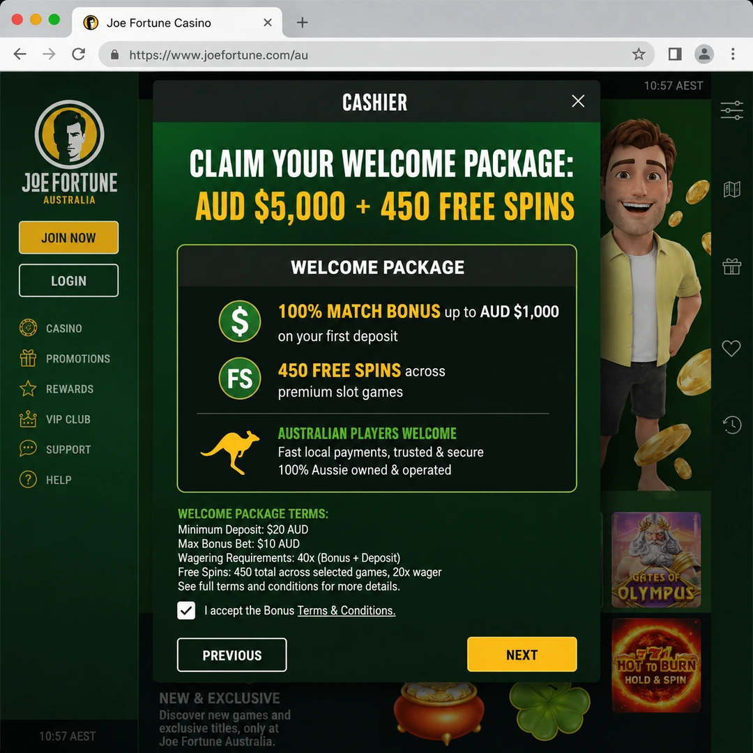 Joe Fortune cashier showing the first-deposit 125 percent match up to A$1,500 with 20 zero-wager free spins on Dragon Pearls, 30x wagering terms at the bottom.