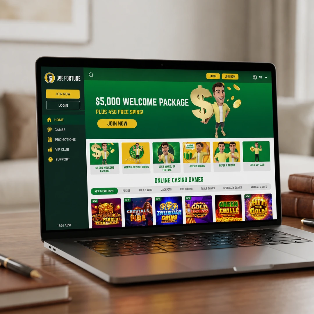 Joe Fortune Casino games lobby showing pokies, live dealer and table game categories