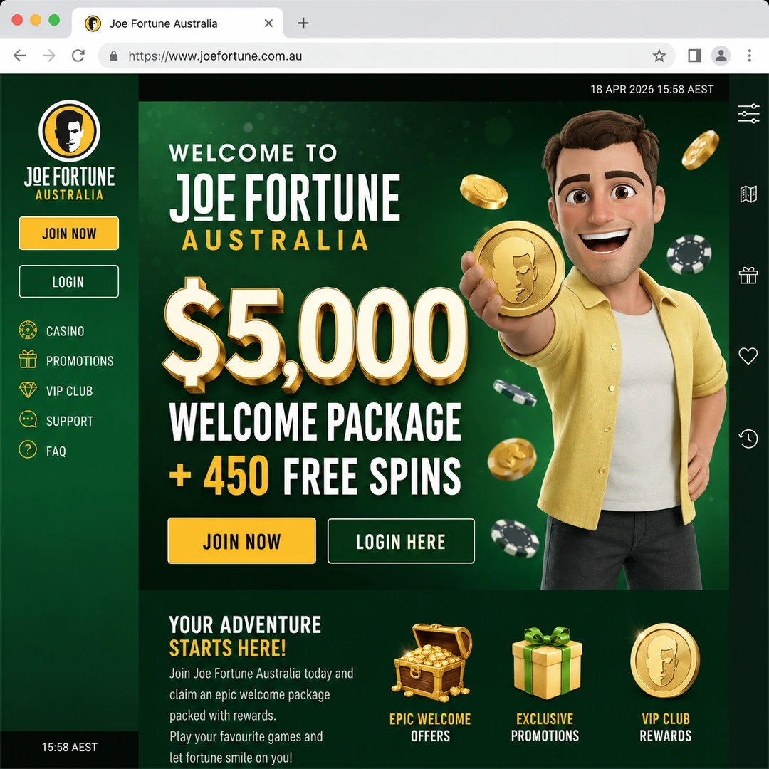 Joe Fortune Casino homepage open in Chrome on 18 June 2026, showing the A$5,000 five-deposit welcome banner and main navigation.