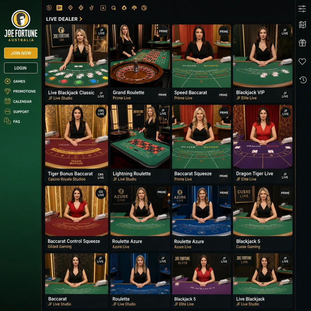 live casino lobby with blackjack, roulette, baccarat and Tiger Bonus Baccarat tables visible; the feeds are from secondary studios rather than Evolution or Pragmatic Live.