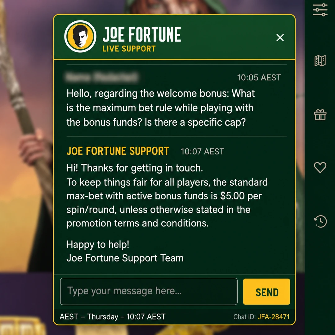 Joe Fortune live-chat transcript at 22:07 AEST on a Thursday: a bonus max-bet question sent 22:05, agent reply 22:07, player name redacted.
