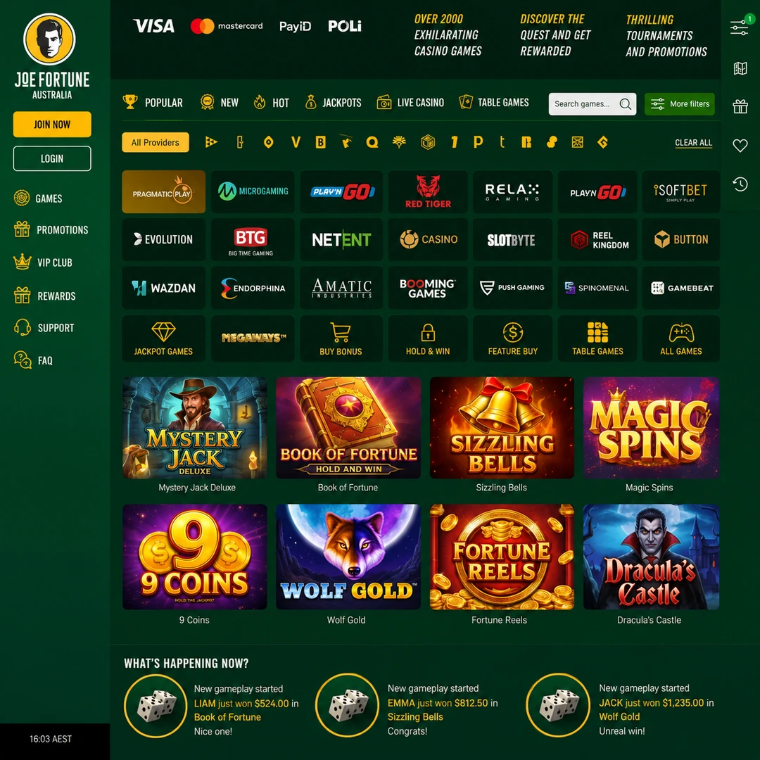 Joe Fortune pokies lobby with the provider filter open.