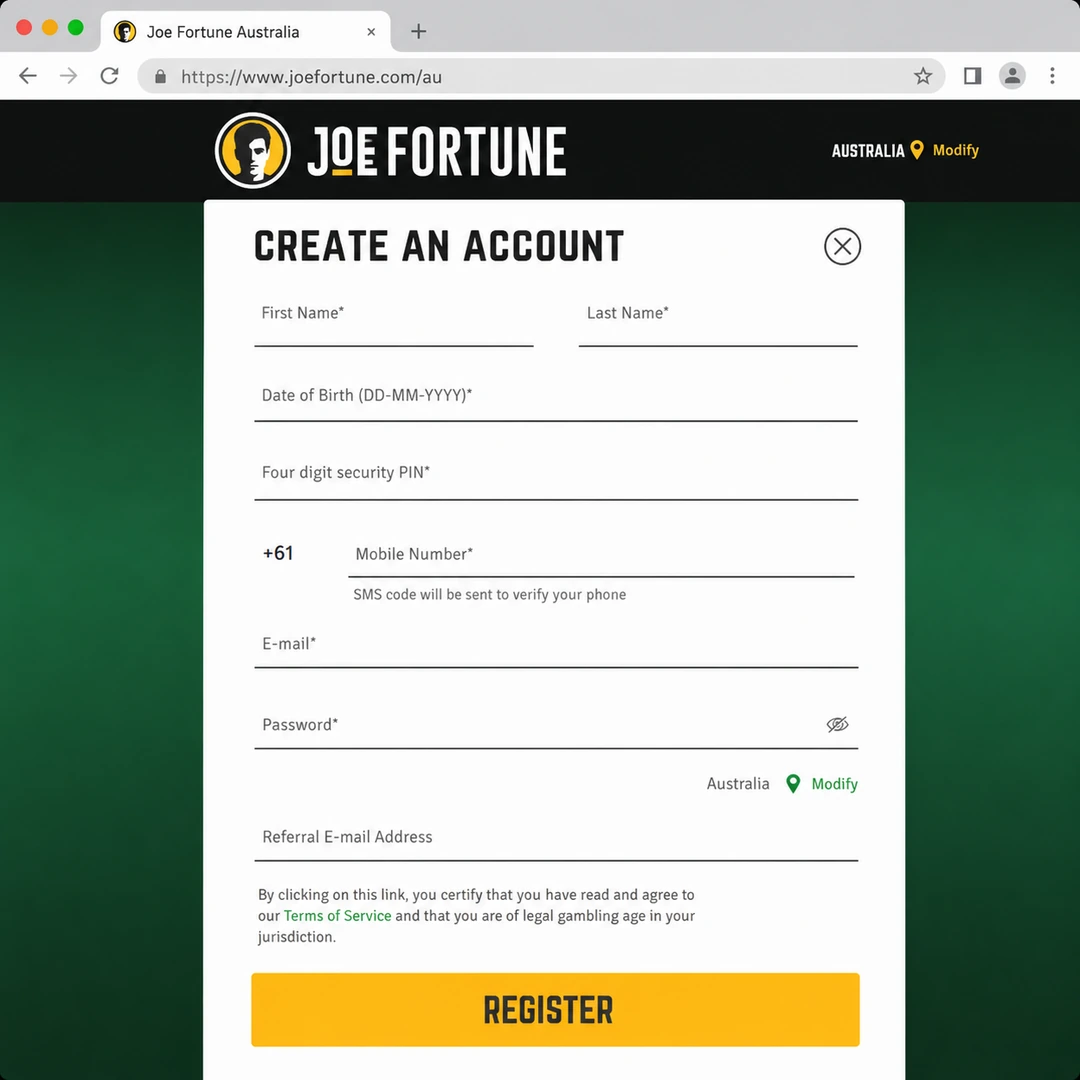 Joe Fortune sign-up form with AUD as base currency and the 18+ age confirmation checkbox; personal data fields redacted.